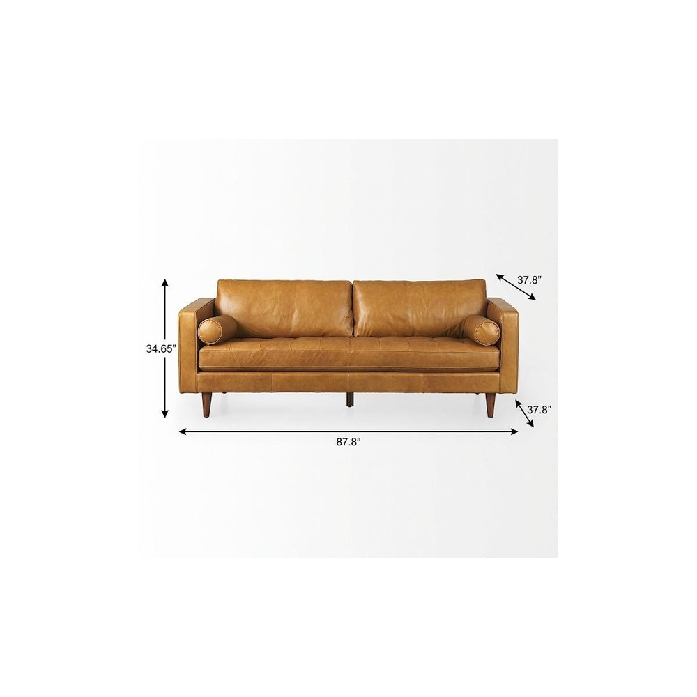 88" Tan Leather Sofa With Toss Pillows