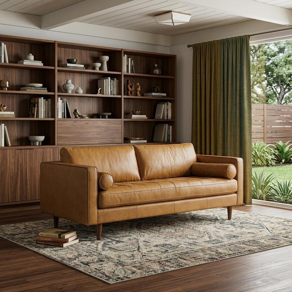 88" Tan Leather Sofa With Toss Pillows