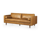 88" Tan Leather Sofa With Toss Pillows