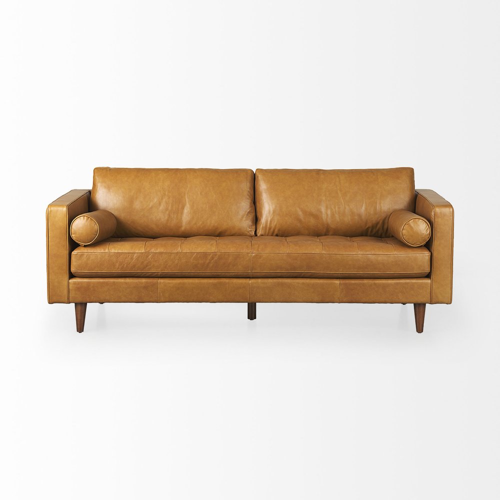 88" Tan Leather Sofa With Toss Pillows