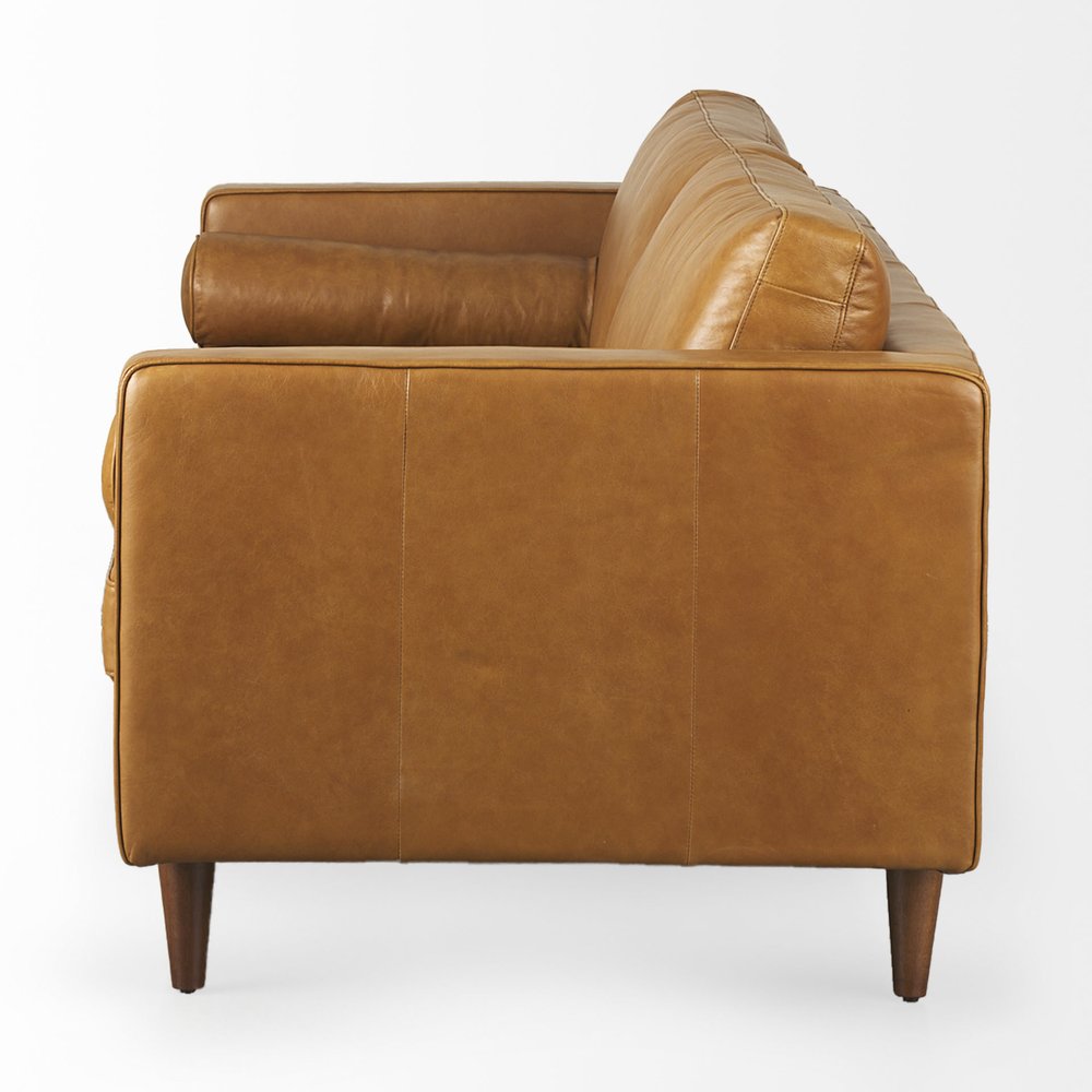 88" Tan Leather Sofa With Toss Pillows