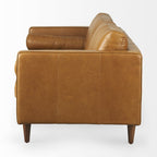 88" Tan Leather Sofa With Toss Pillows