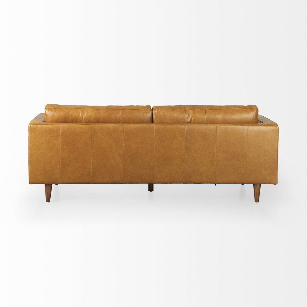 88" Tan Leather Sofa With Toss Pillows