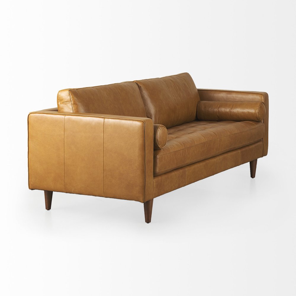 88" Tan Leather Sofa With Toss Pillows