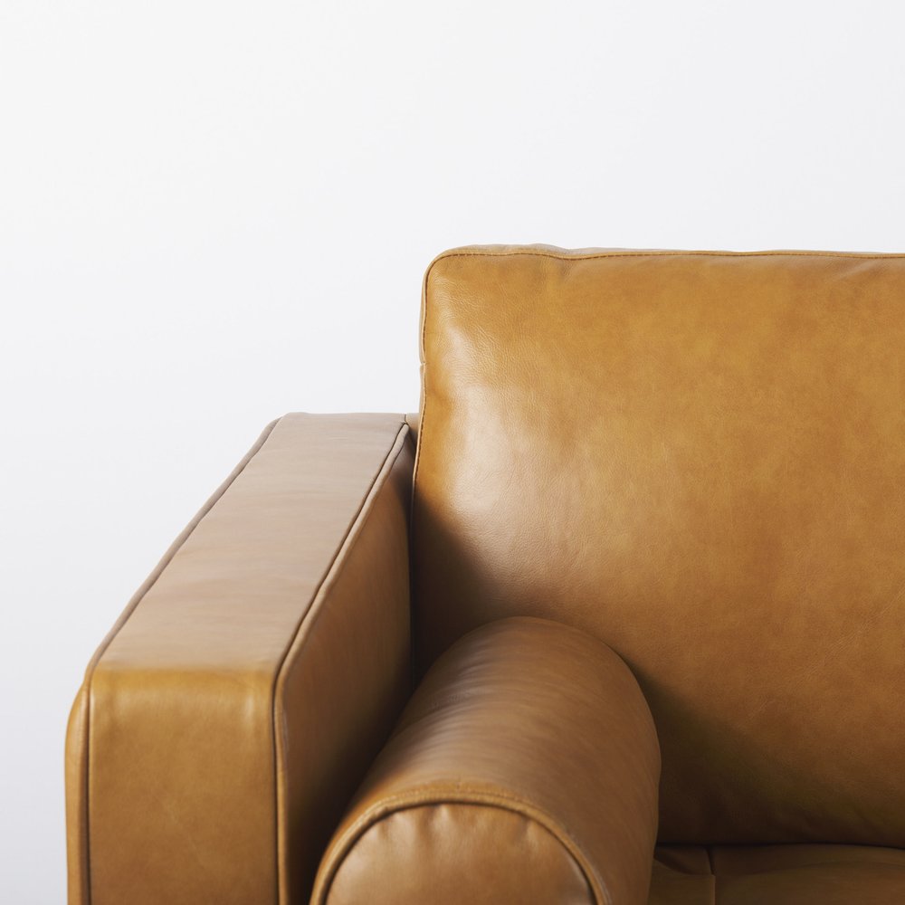 88" Tan Leather Sofa With Toss Pillows