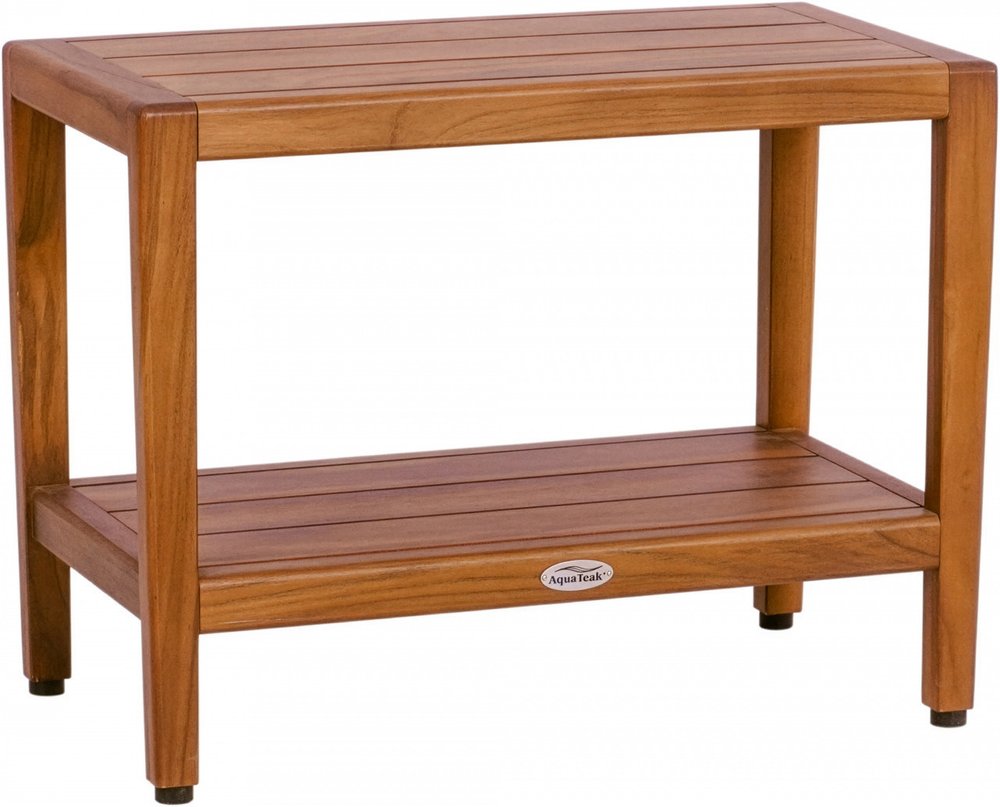 18" X 24" Brown Teak Rectangular Shower Bench With Shelf