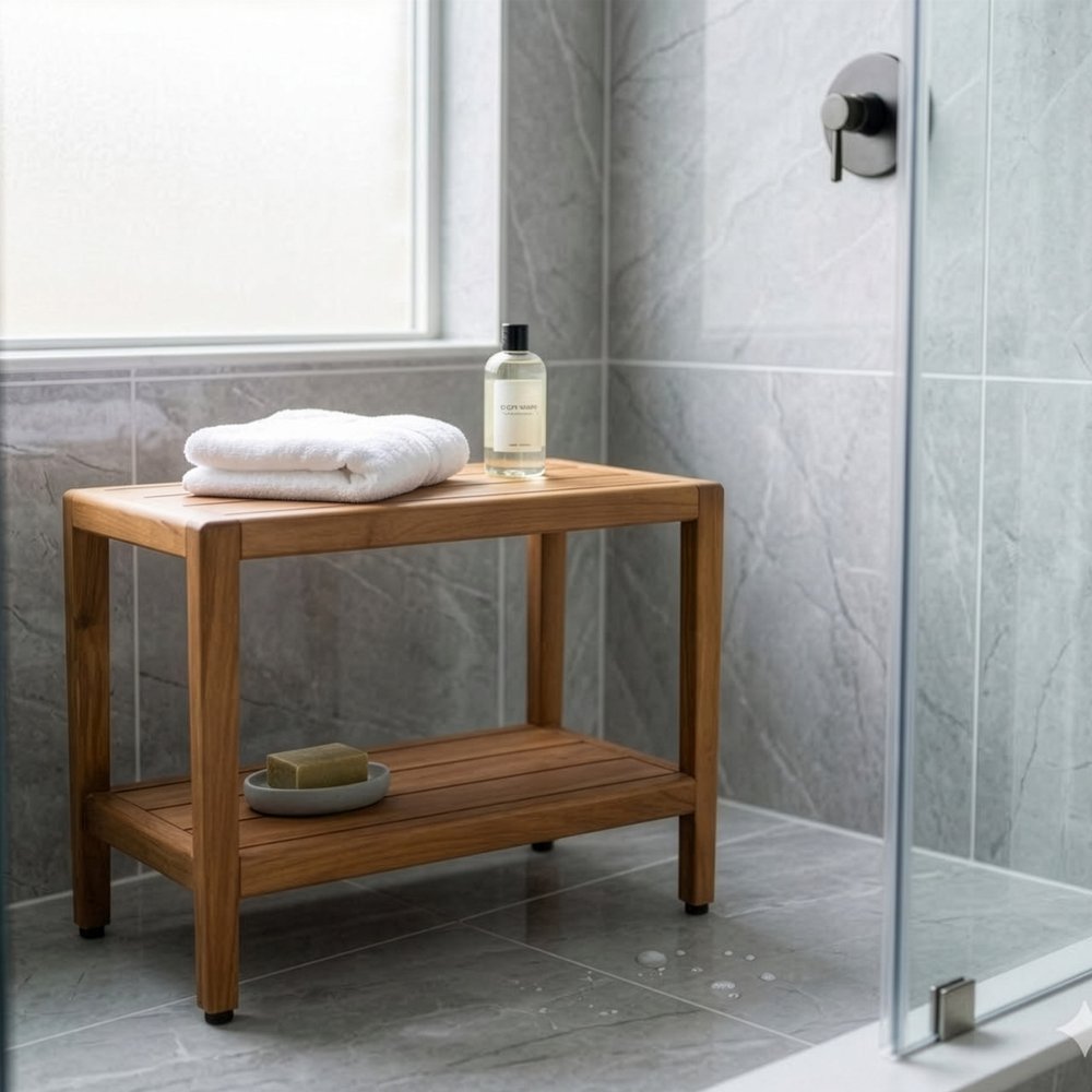 18" X 24" Brown Teak Rectangular Shower Bench With Shelf