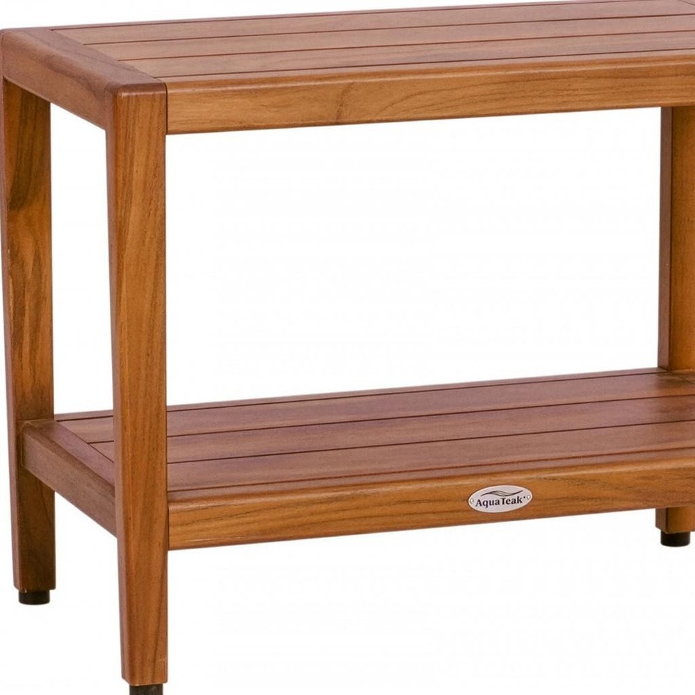 18" X 24" Brown Teak Rectangular Shower Bench With Shelf