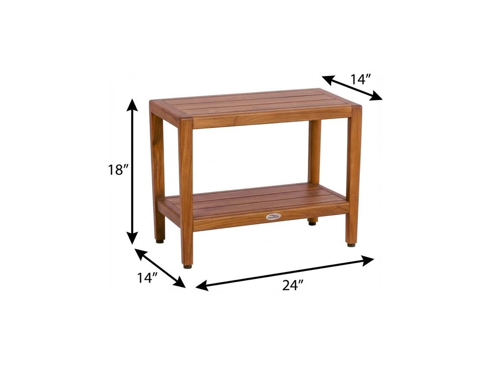 18" X 24" Brown Teak Rectangular Shower Bench With Shelf