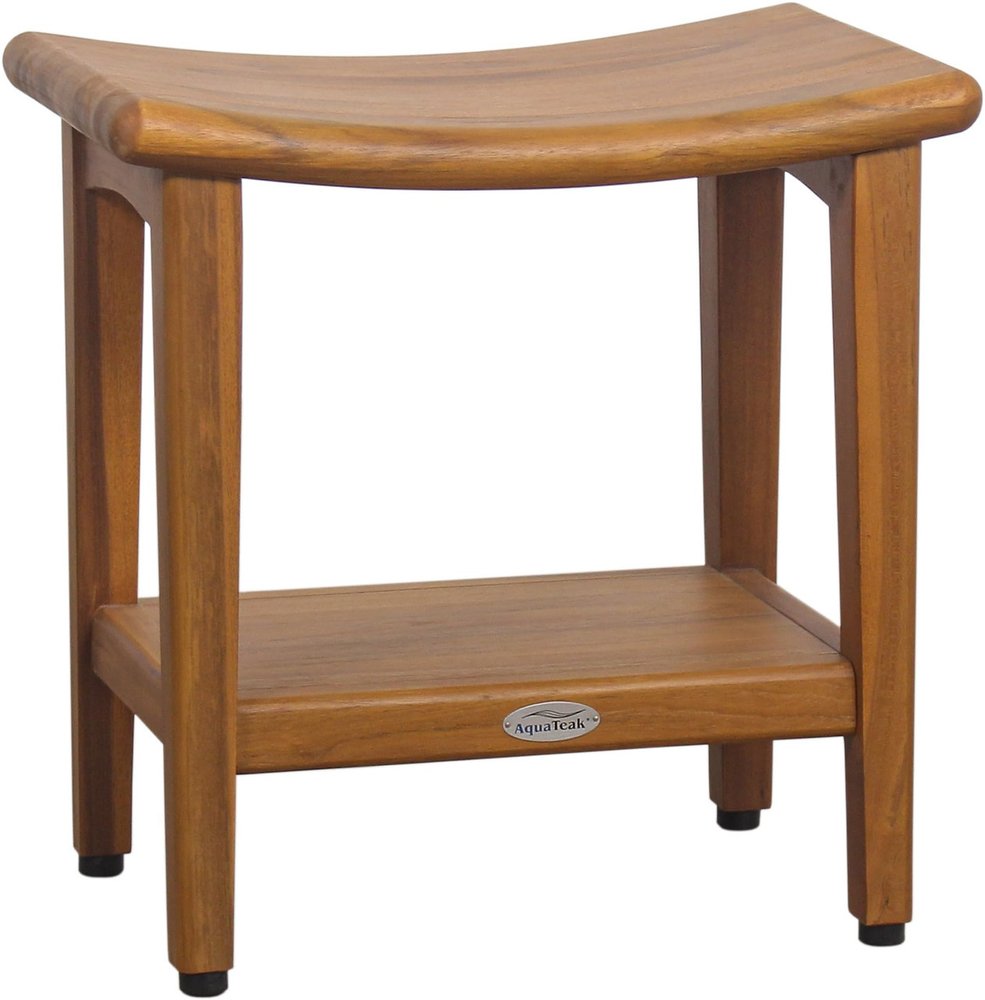18" X 18" Brown Teak Rectangular Shower Bench With Shelf