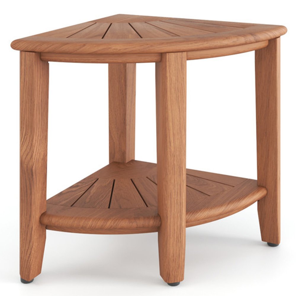 18" X 16" Brown Teak Corner Shower Bench With Shelf