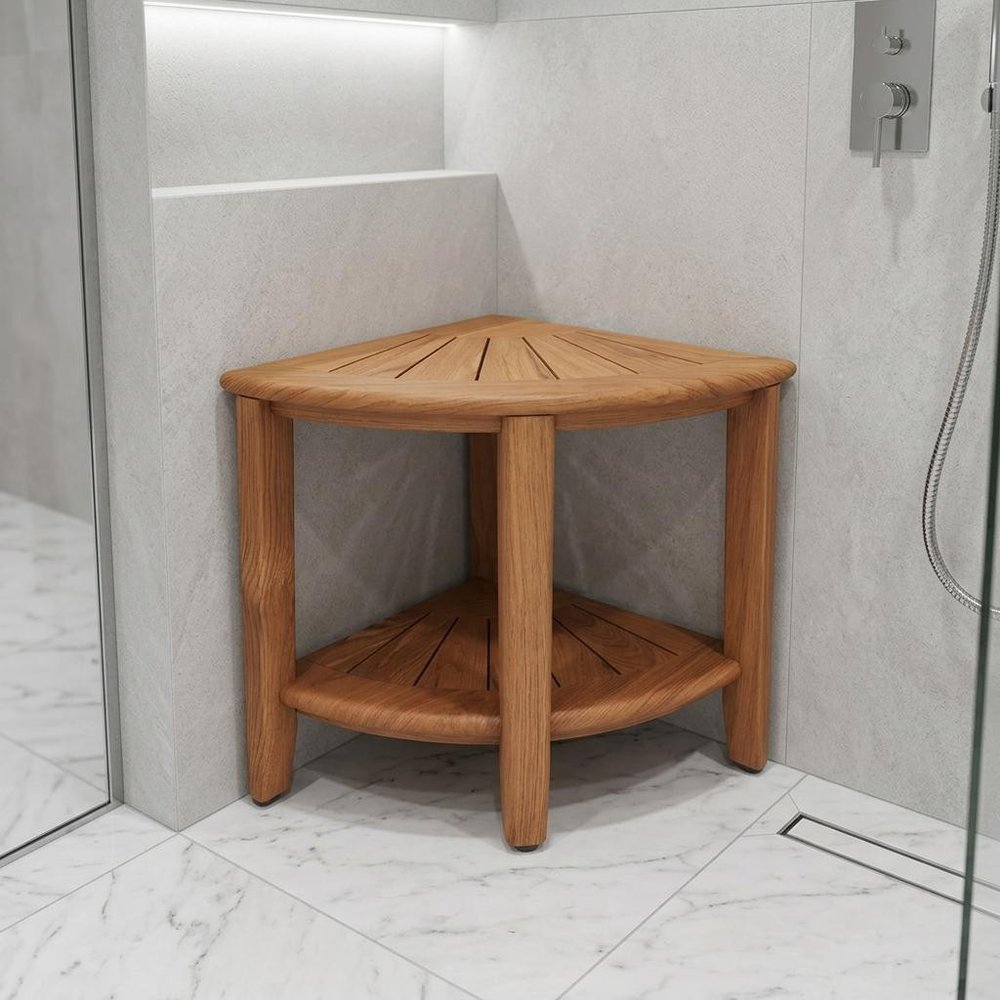 18" X 16" Brown Teak Corner Shower Bench With Shelf