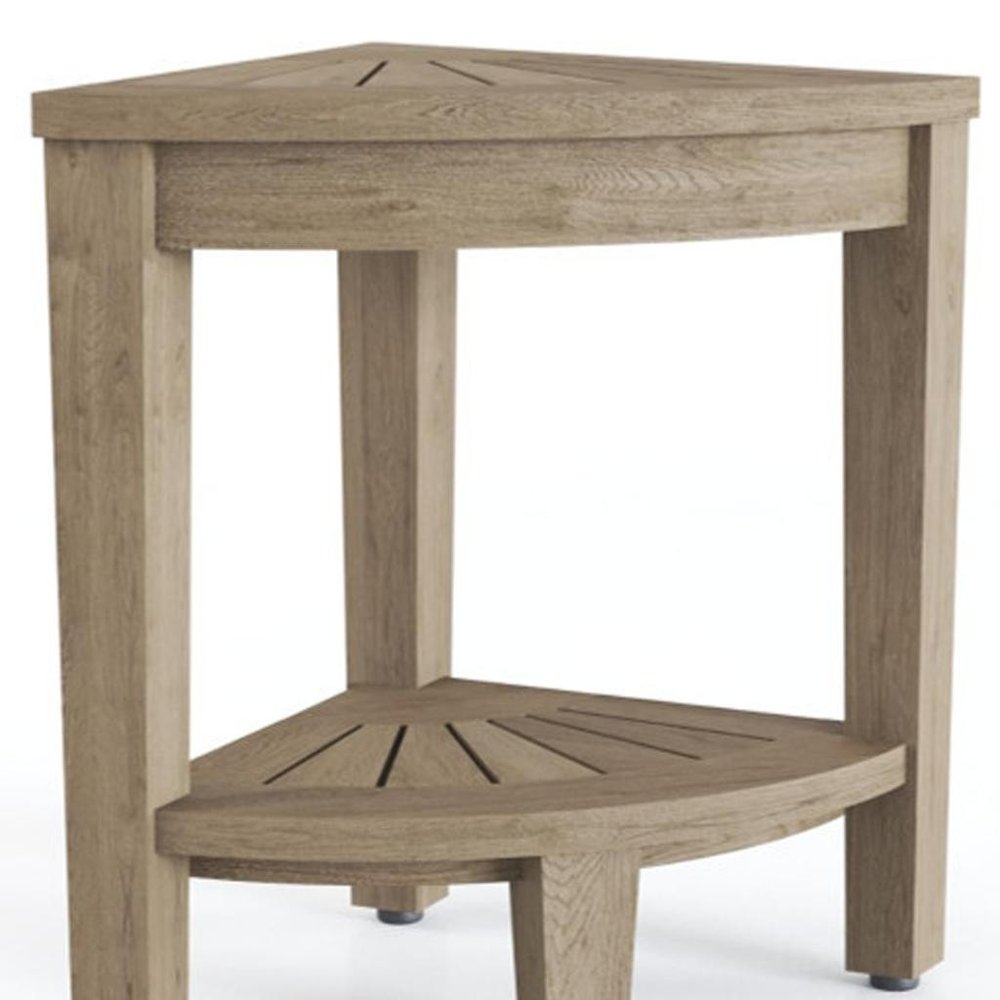 18" X 13" Light Taupe Teak Corner Shower Bench With Shelf