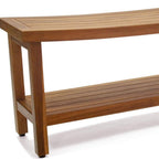 18" X 48" Brown Teak Rectangular Shower Bench With Shelf
