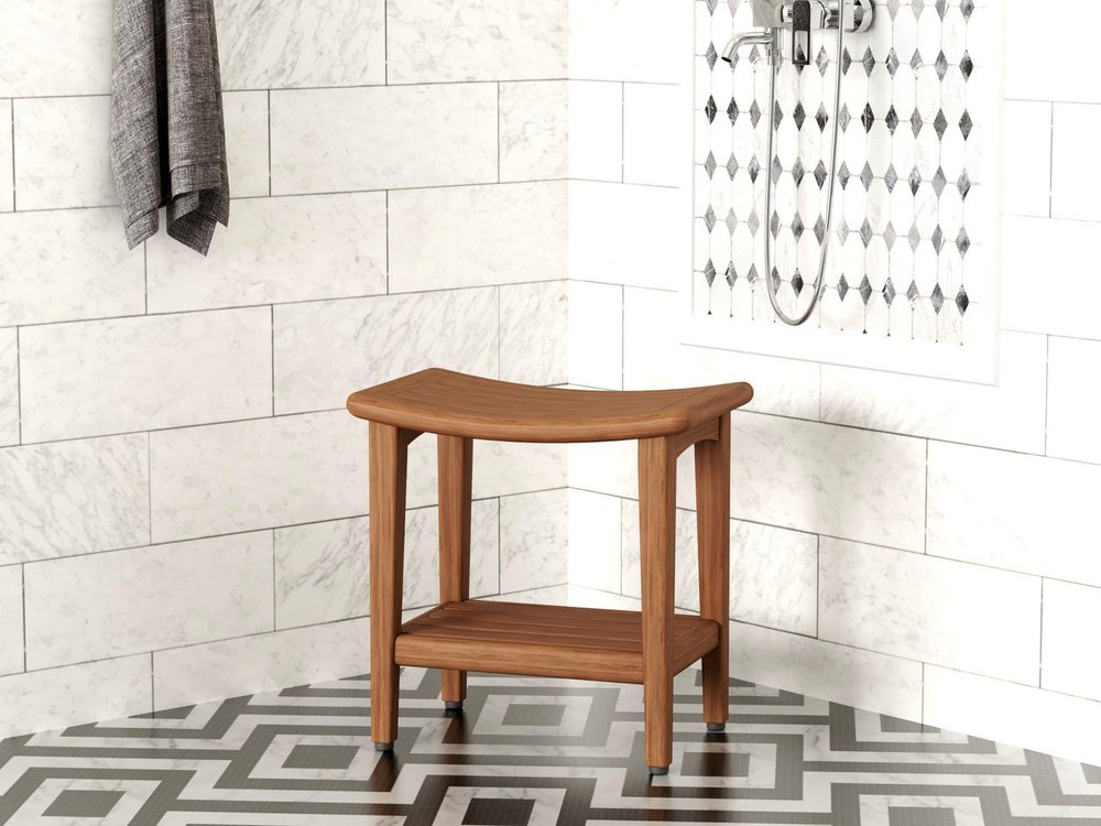 18" X 18" Taupe Teak Rectangular Shower Bench With Shelf