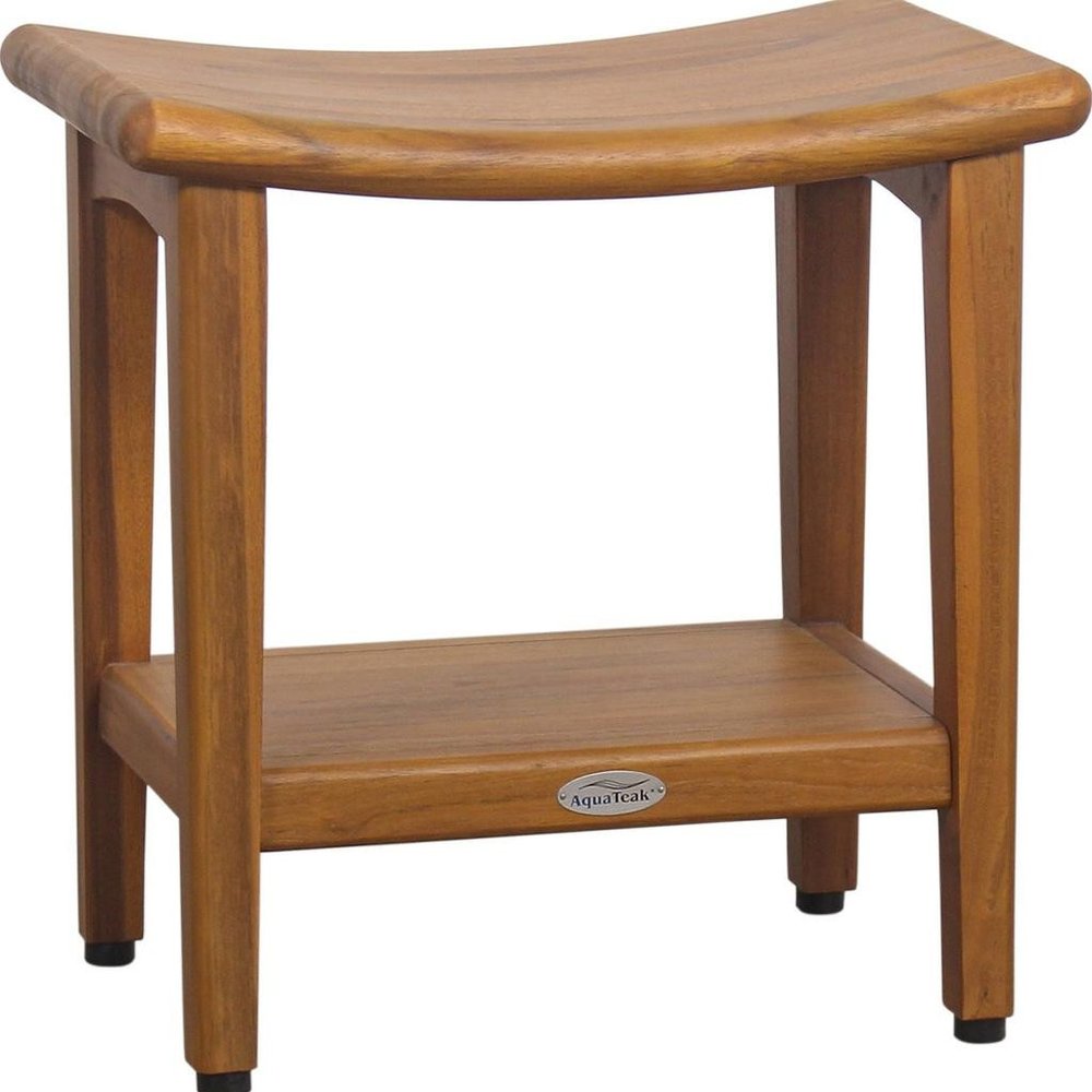 18" X 18" Taupe Teak Rectangular Shower Bench With Shelf