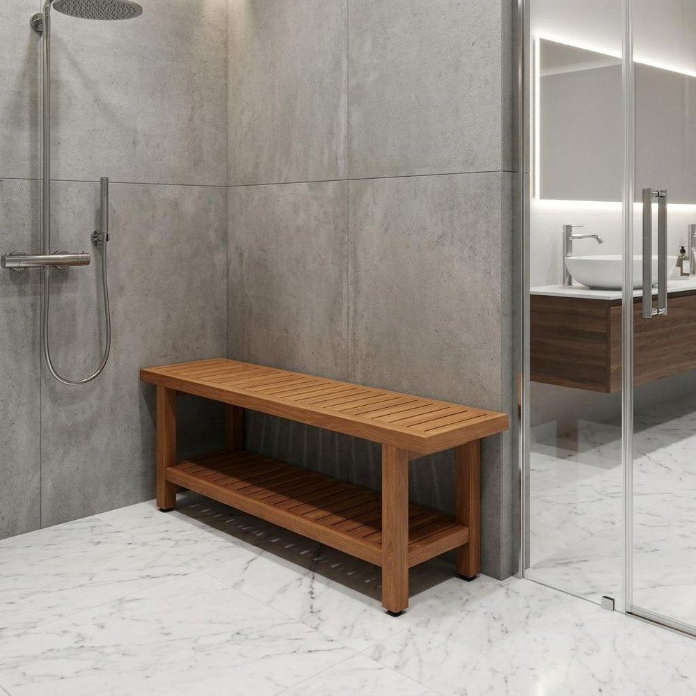 18" X 60" Brown Teak Rectangular Shower Bench With Shelf