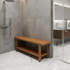18" X 60" Brown Teak Rectangular Shower Bench With Shelf