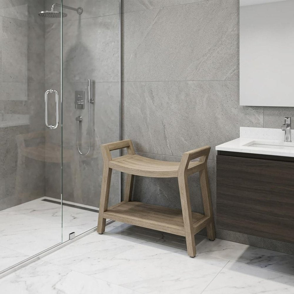18" X 24" Light Taupe Teak Rectangular Shower Bench With Shelf