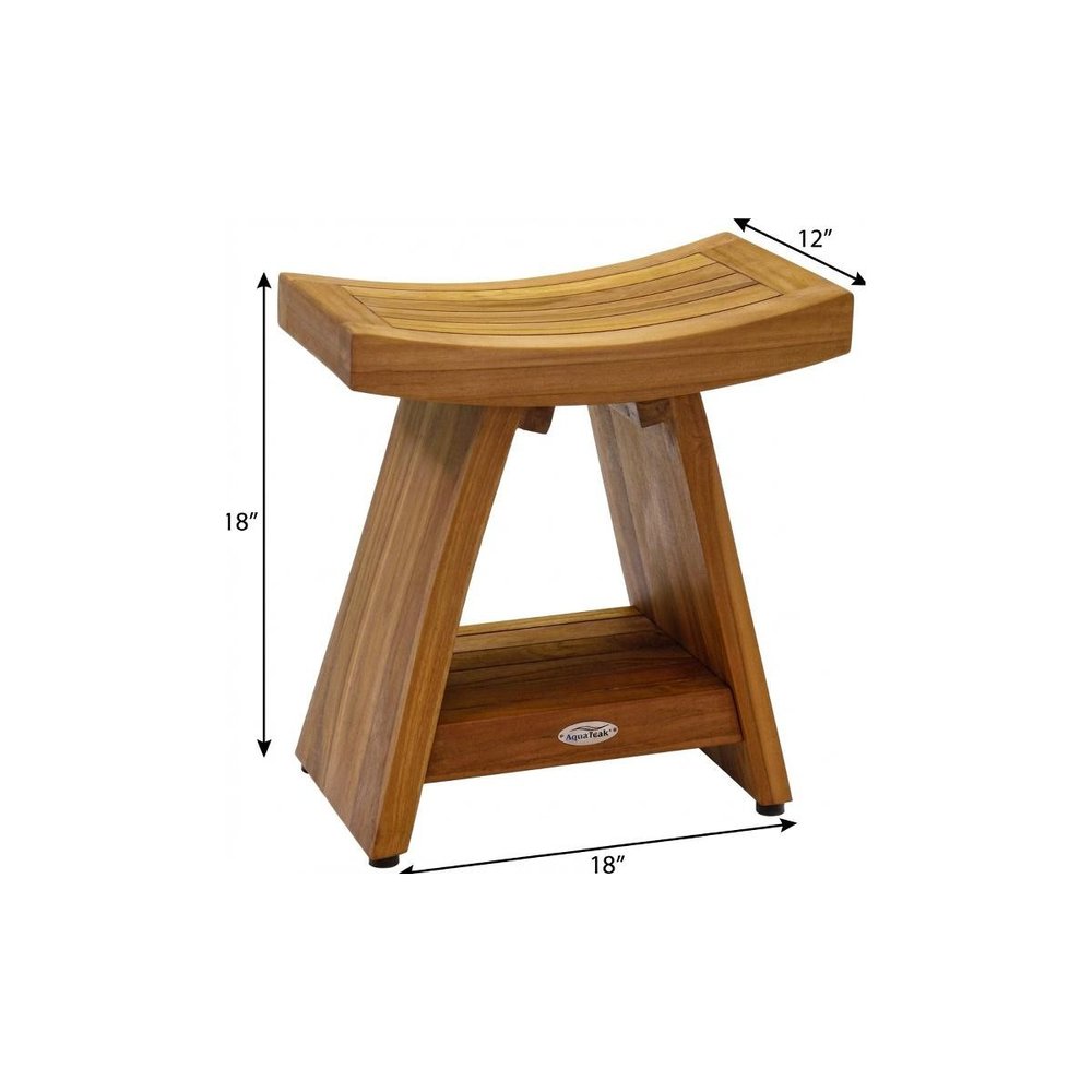 18" X 18" Brown Teak Rectangular Shower Bench With Shelf