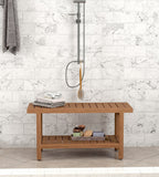 18" X 36" Brown Teak Rectangular Shower Bench With Shelf