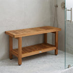 18" X 36" Brown Teak Rectangular Shower Bench With Shelf