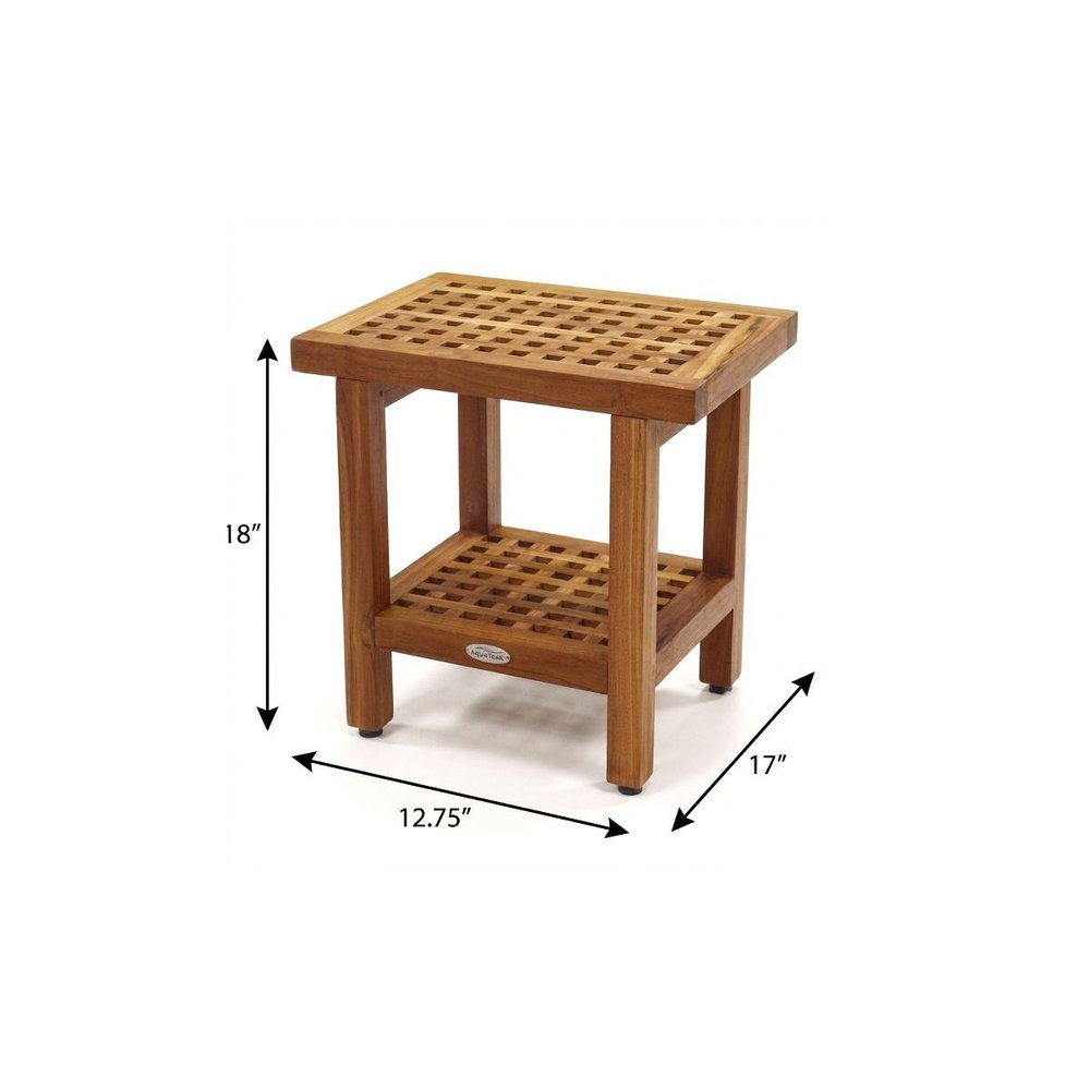 18" X 13" Brown Teak Rectangular Shower Bench With Shelf