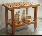 18" X 24" Brown Teak Rectangular Shower Bench With Shelf