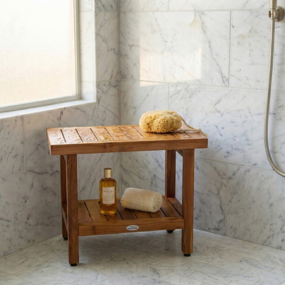 18" X 24" Brown Teak Rectangular Shower Bench With Shelf