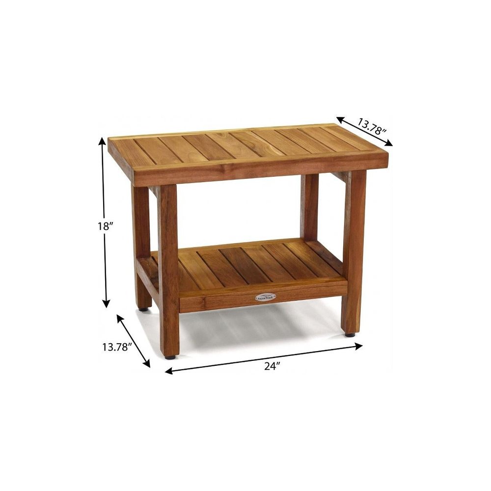 18" X 24" Brown Teak Rectangular Shower Bench With Shelf