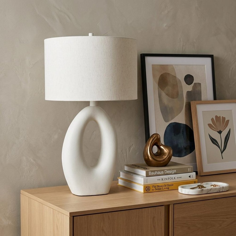 31" White Novelty Table Lamp With Drum Shade