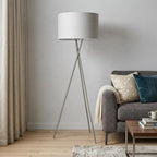 62" Beige Metal Tripod Floor Lamp With Beige Fabric Drum Shade
