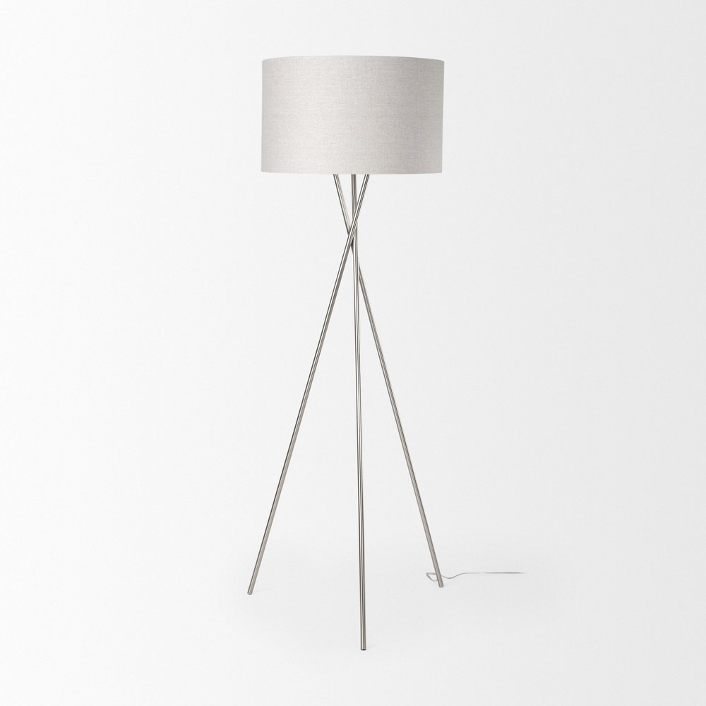 62" Beige Metal Tripod Floor Lamp With Beige Fabric Drum Shade