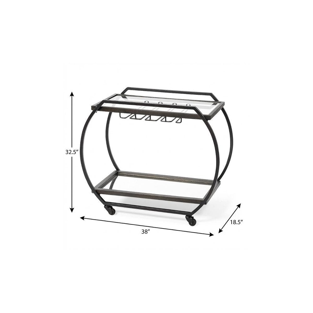 19" Black and Gunmetal Glass and Metal Rolling Kitchen Cart With Storage