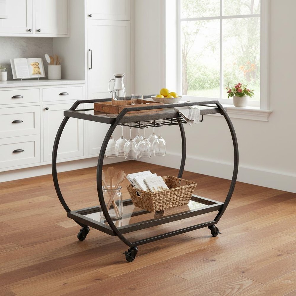 19" Black and Gunmetal Glass and Metal Rolling Kitchen Cart With Storage