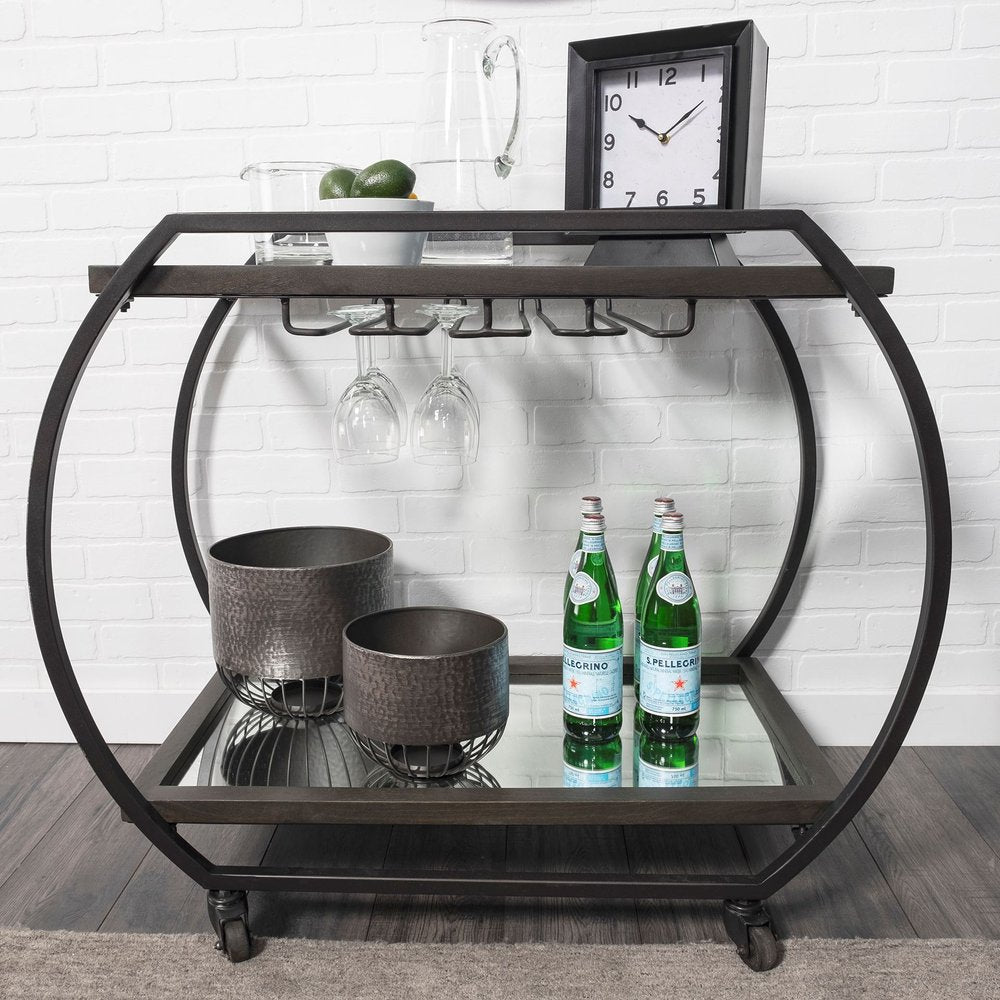 19" Black and Gunmetal Glass and Metal Rolling Kitchen Cart With Storage