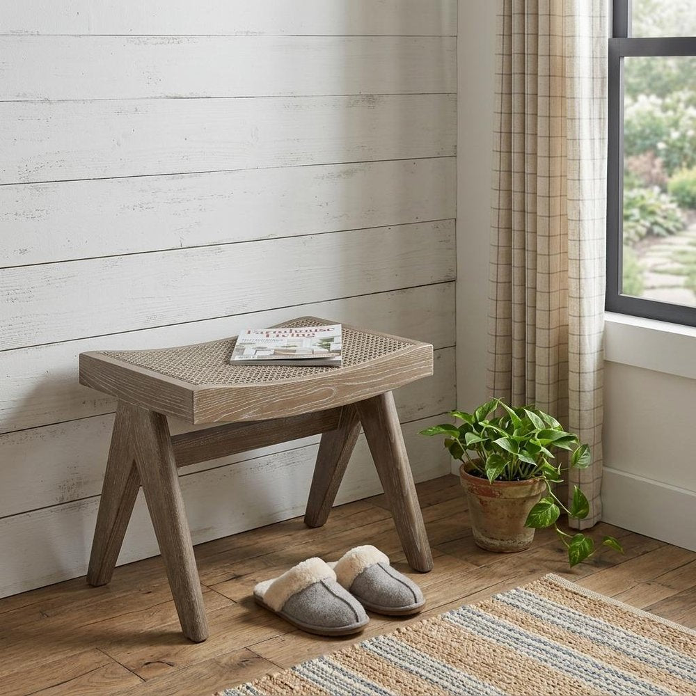 22" Black Solid Wood and Cane Bench