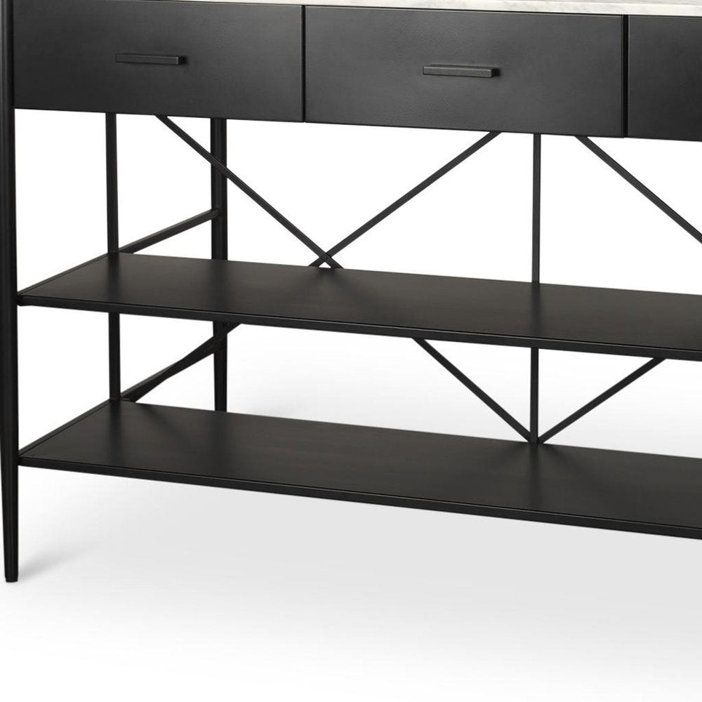 34" White and Black Marble and Metal Kitchen Island With Storage