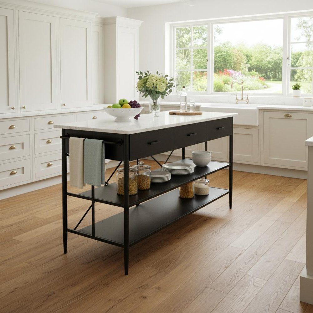 34" White and Black Marble and Metal Kitchen Island With Storage