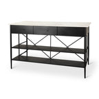 34" White and Black Marble and Metal Kitchen Island With Storage