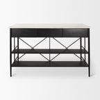 34" White and Black Marble and Metal Kitchen Island With Storage