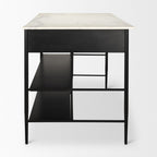 34" White and Black Marble and Metal Kitchen Island With Storage