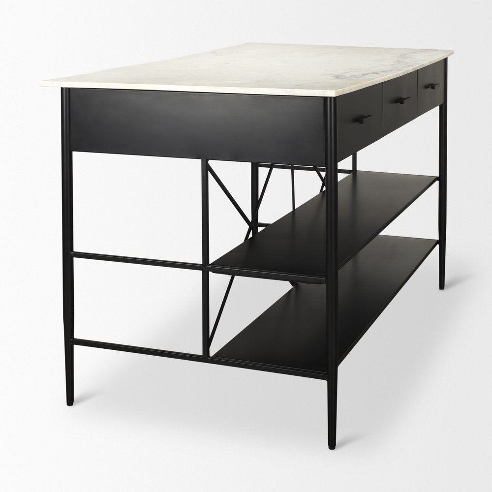 34" White and Black Marble and Metal Kitchen Island With Storage