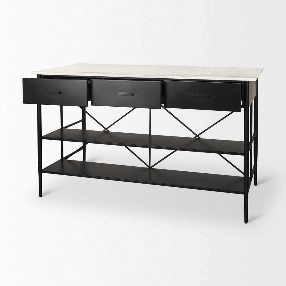 34" White and Black Marble and Metal Kitchen Island With Storage