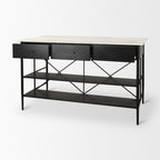 34" White and Black Marble and Metal Kitchen Island With Storage