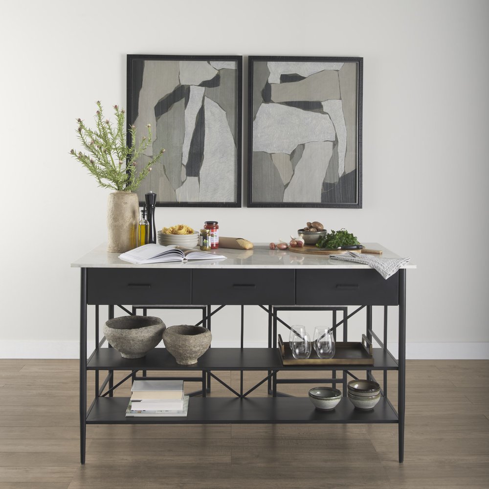 34" White and Black Marble and Metal Kitchen Island With Storage