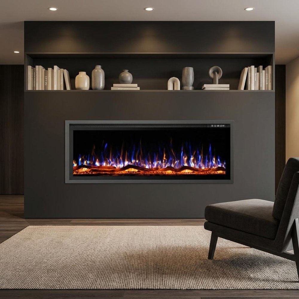 42" Black And Red Metal Electric Fireplace Insert With LED