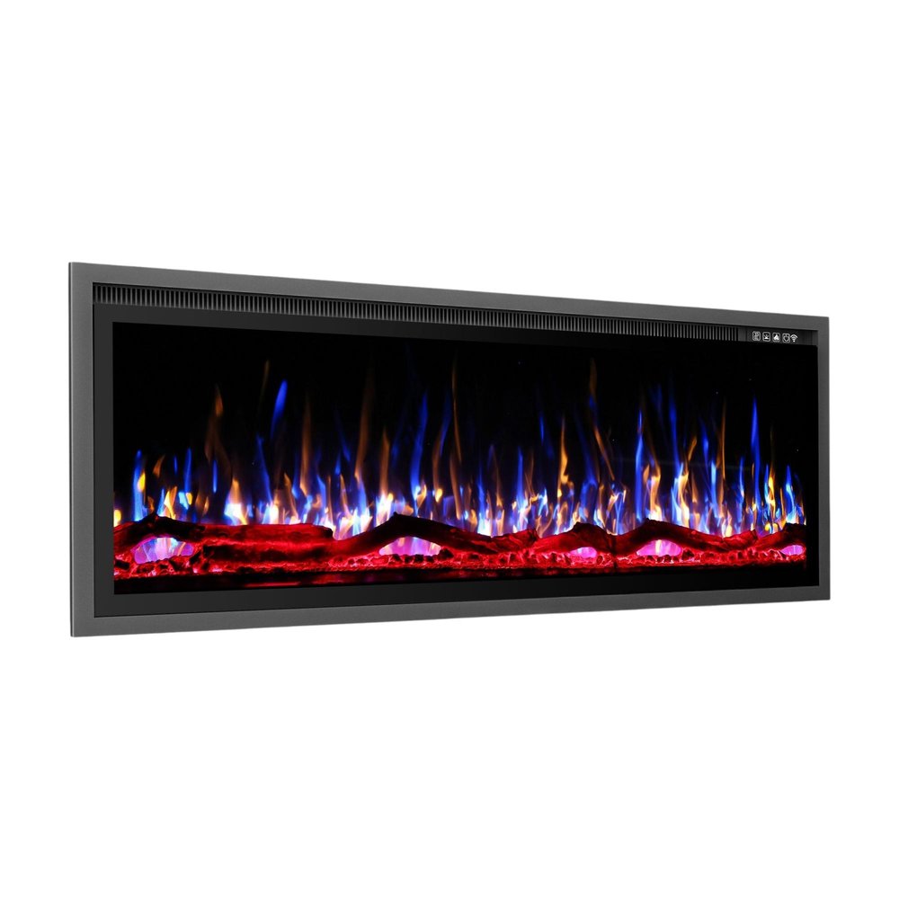 50" Black And Red Metal Electric Fireplace Insert With LED