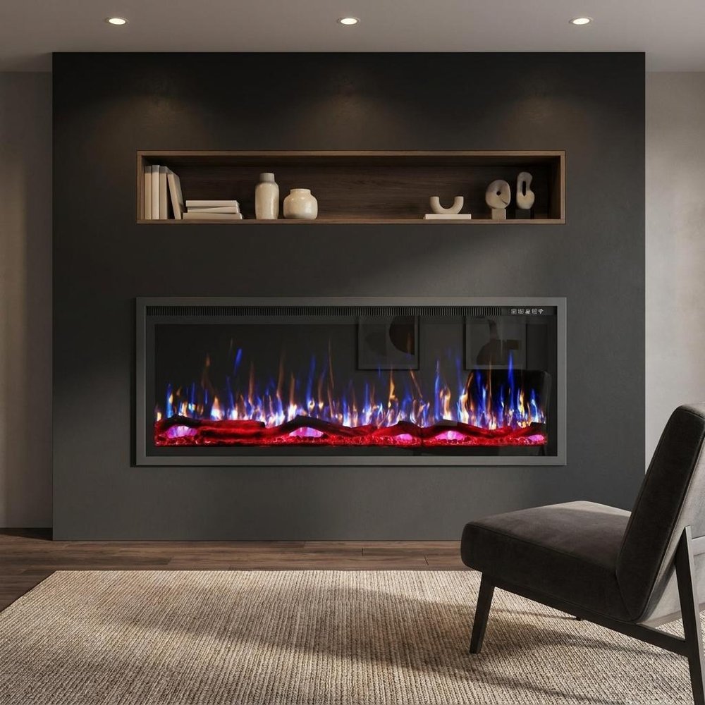 50" Black And Red Metal Electric Fireplace Insert With LED