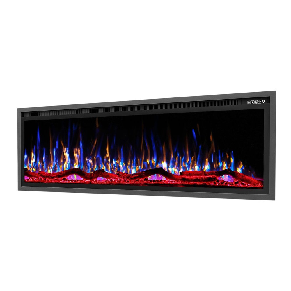 60" Black And Red Metal Electric Fireplace Insert With LED